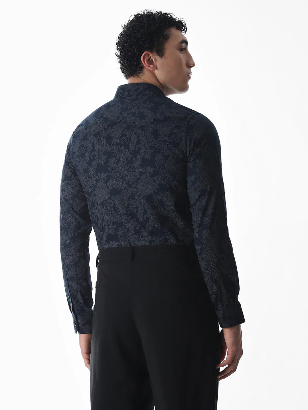 Printed Navy Blue Slim Fit Shirt - Image 4