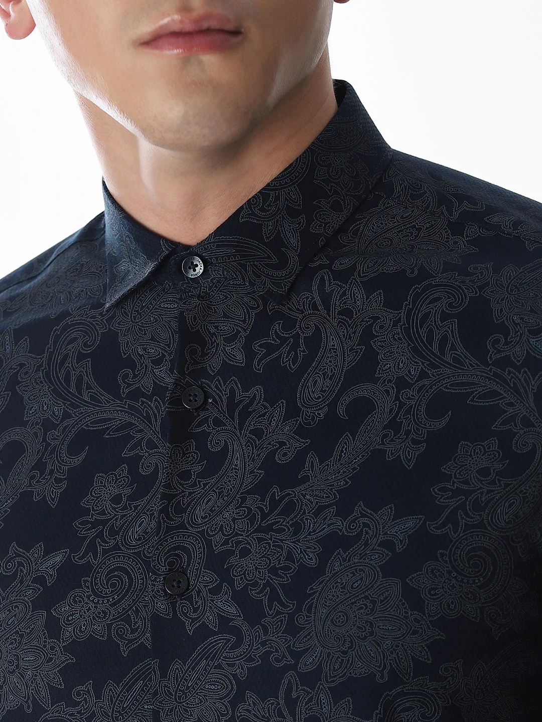 Printed Navy Blue Slim Fit Shirt - Image 5