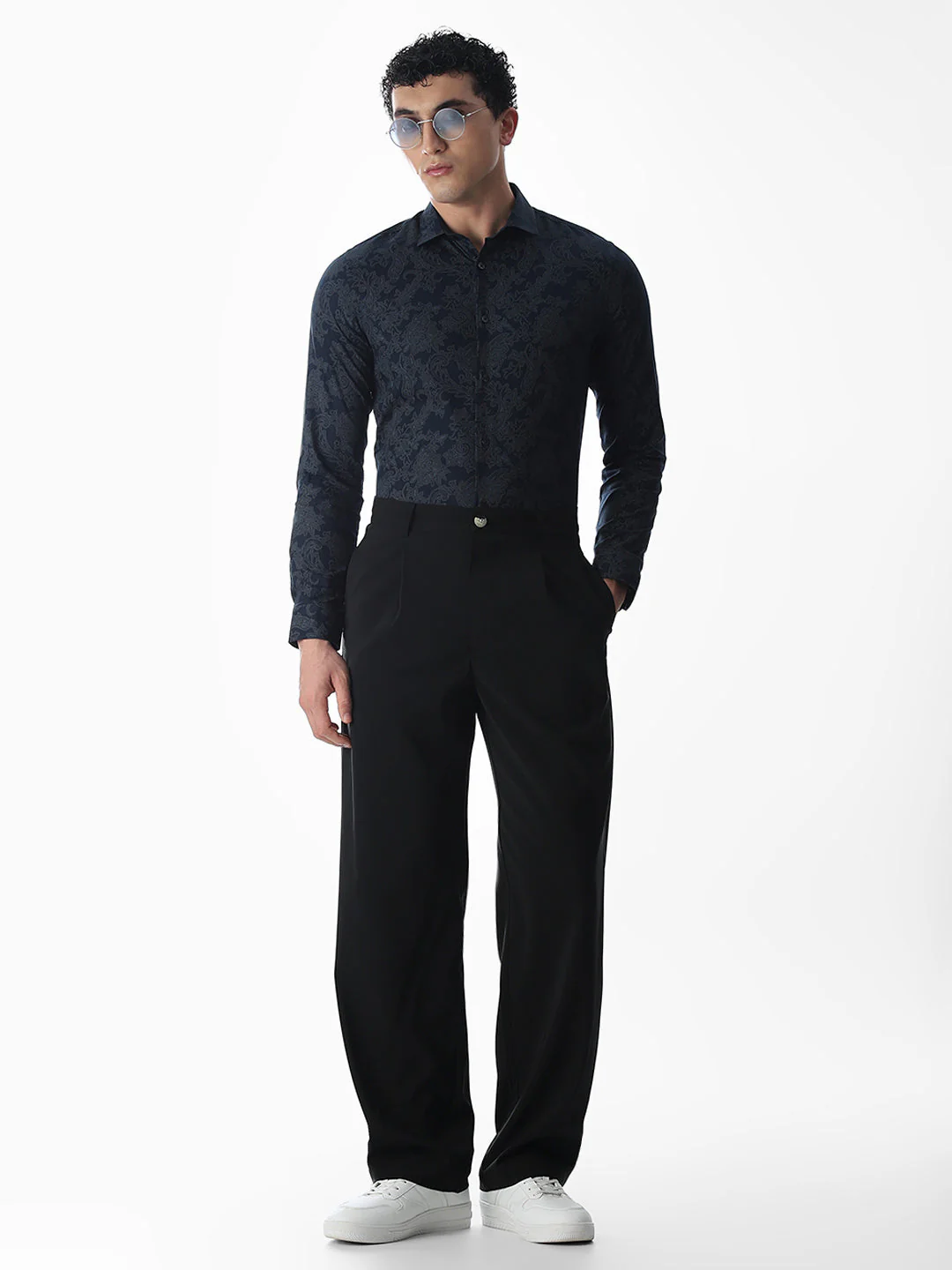 Printed Navy Blue Slim Fit Shirt - Image 6