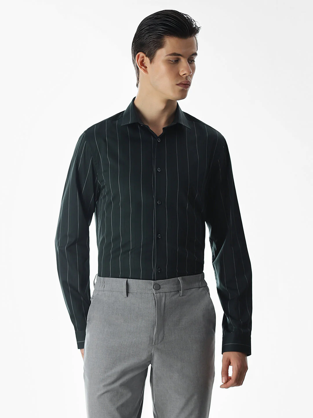 Dark Green Striped Cotton Shirt - Image 2