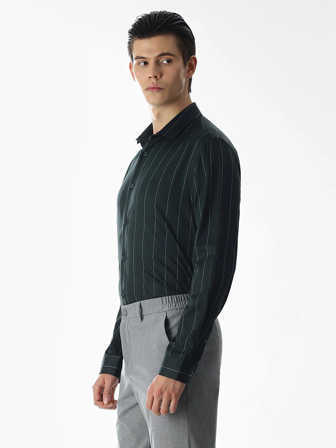 Dark Green Striped Cotton Shirt - Image 3