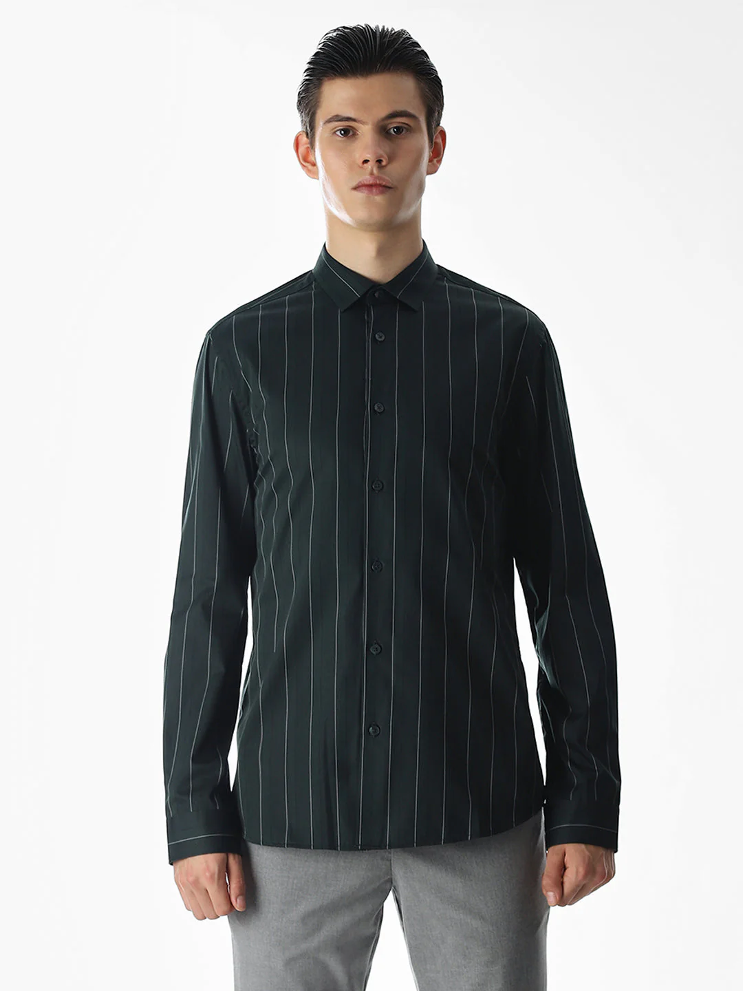 Dark Green Striped Cotton Shirt - Image 8