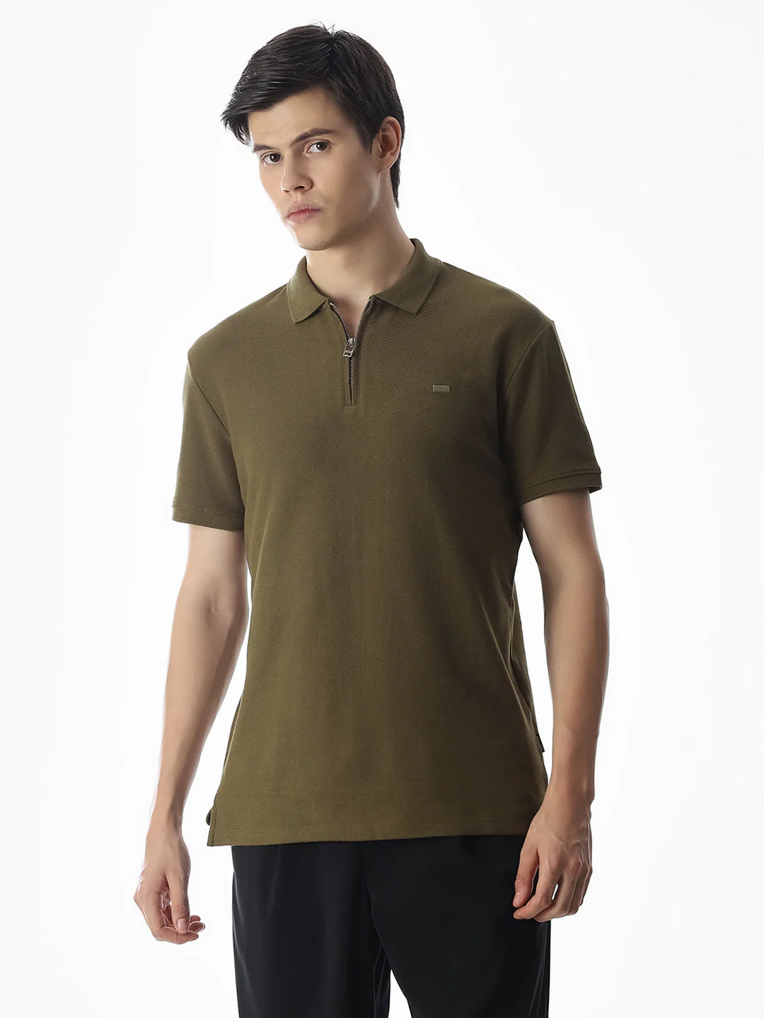 Zipper Detail Cotton Polo - Olive - Image 2