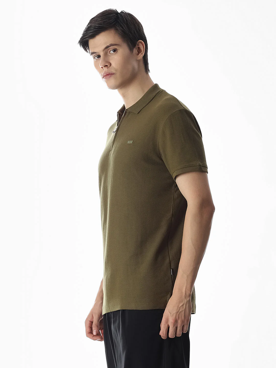 Zipper Detail Cotton Polo - Olive - Image 3