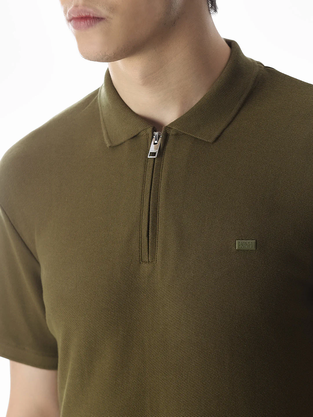 Zipper Detail Cotton Polo - Olive - Image 5