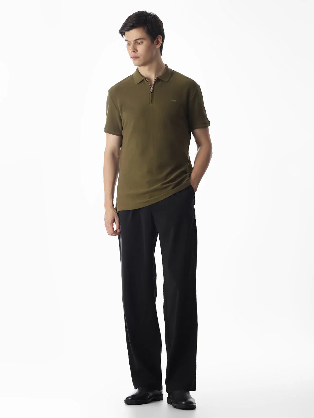 Zipper Detail Cotton Polo - Olive - Image 6