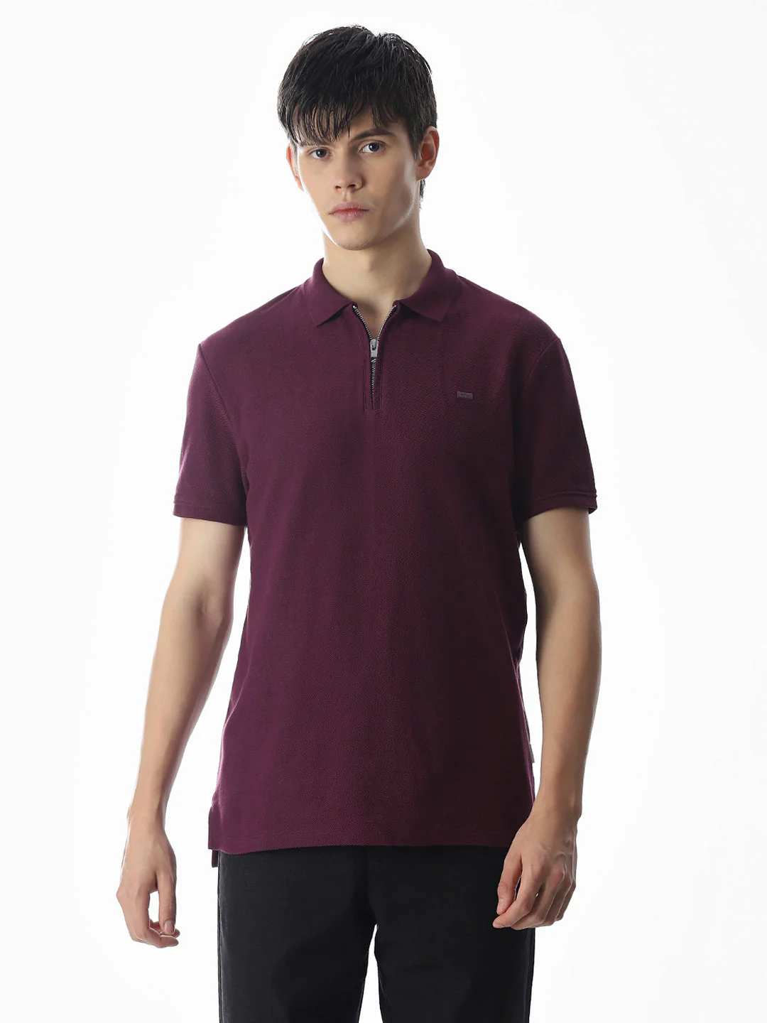 Zipper Detail Cotton Polo - Purple - Image 2