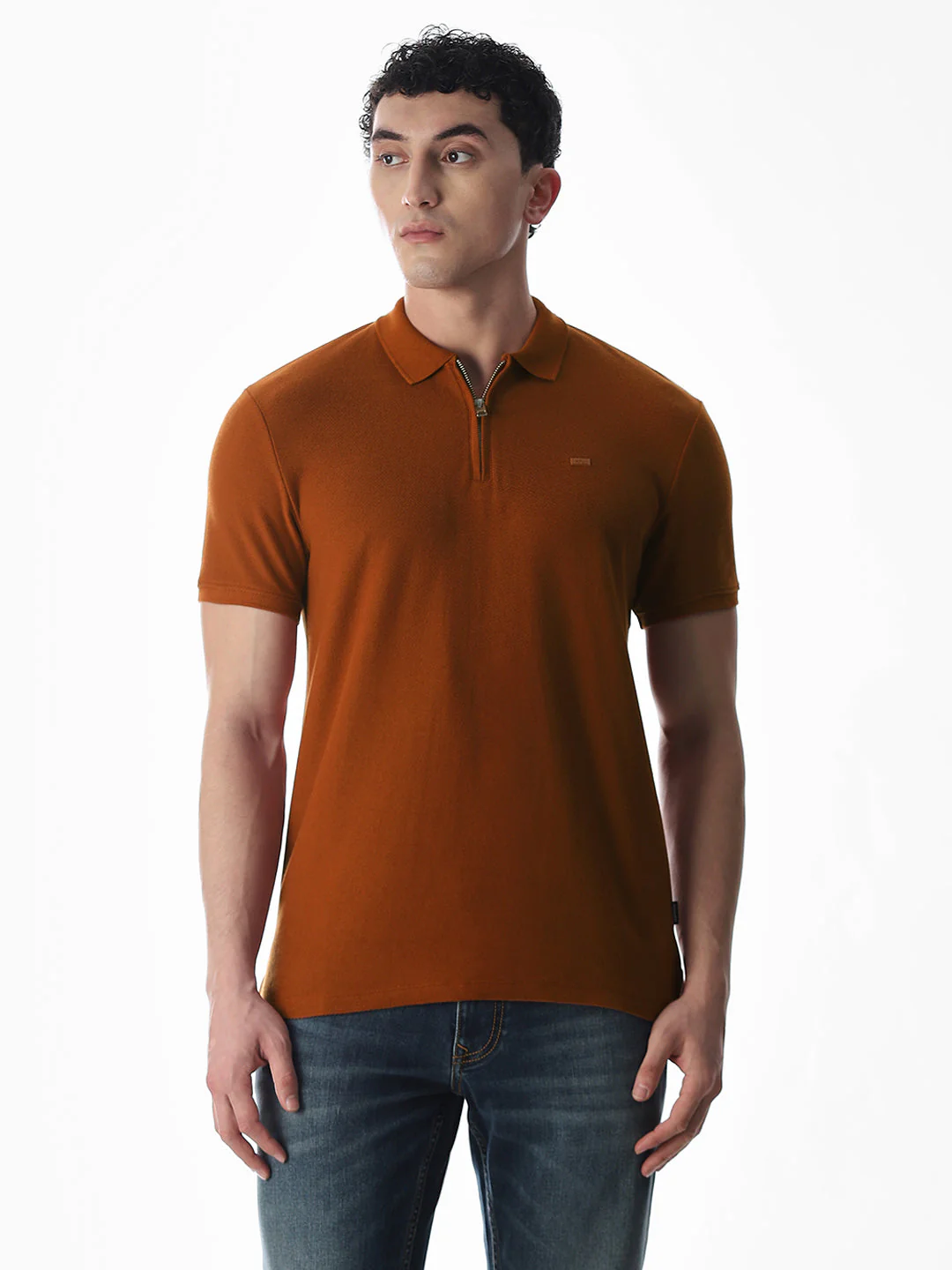 Zipper Detail Cotton Polo - Ginger Brown - Image 2