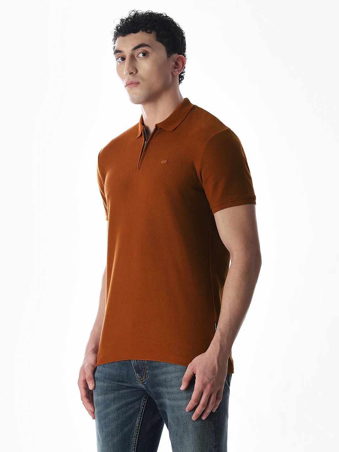 Zipper Detail Cotton Polo - Ginger Brown - Image 3