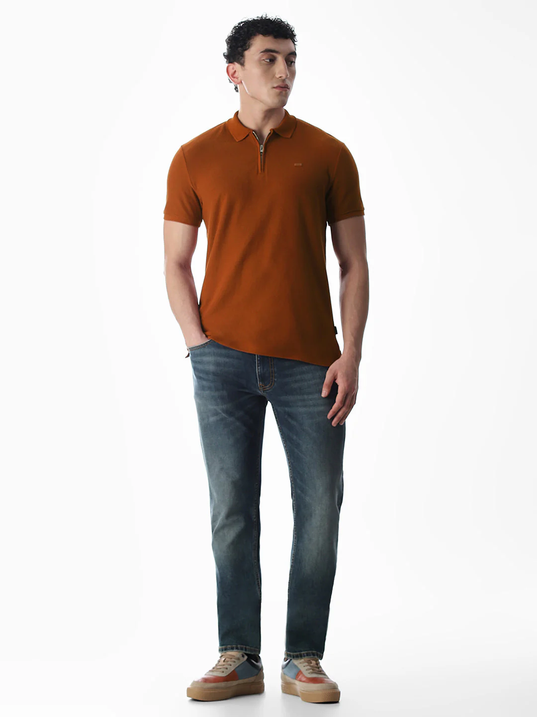Zipper Detail Cotton Polo - Ginger Brown - Image 6
