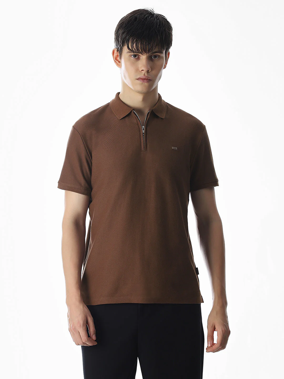 Zipper Detail Cotton Polo - Dark Brown