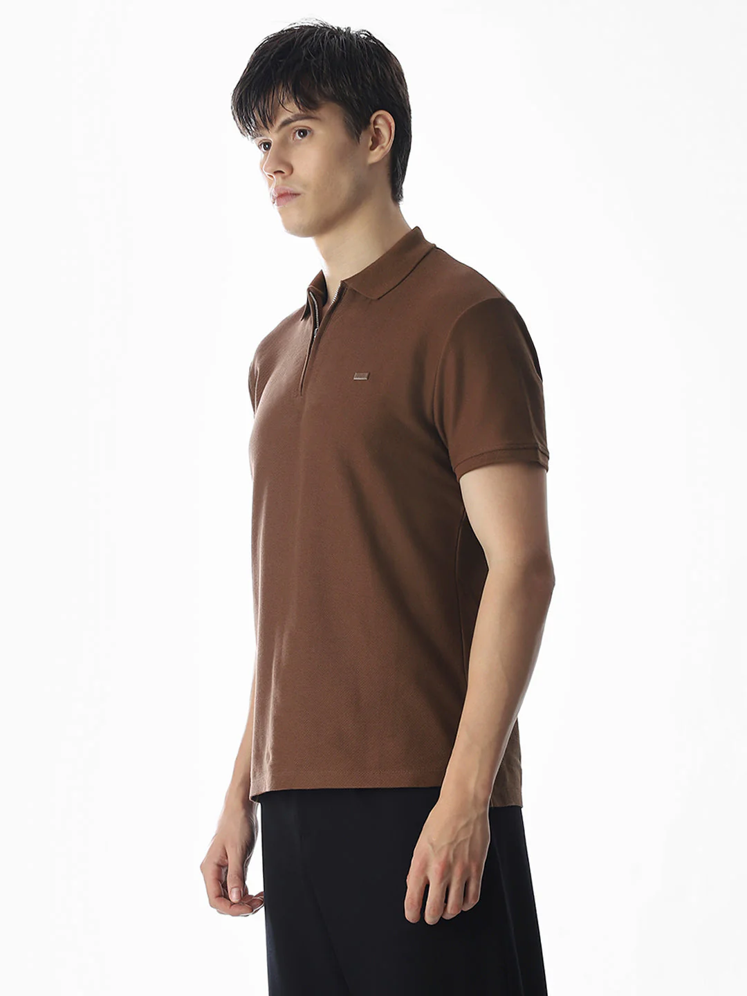 Zipper Detail Cotton Polo - Dark Brown - Image 3