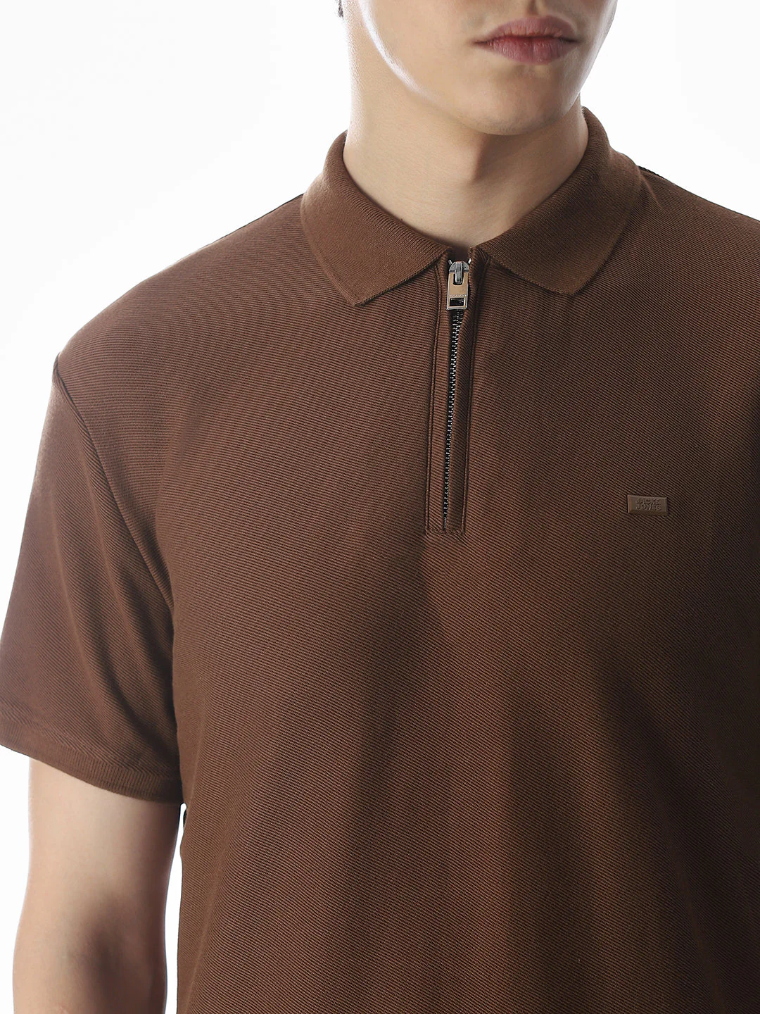 Zipper Detail Cotton Polo - Dark Brown - Image 5