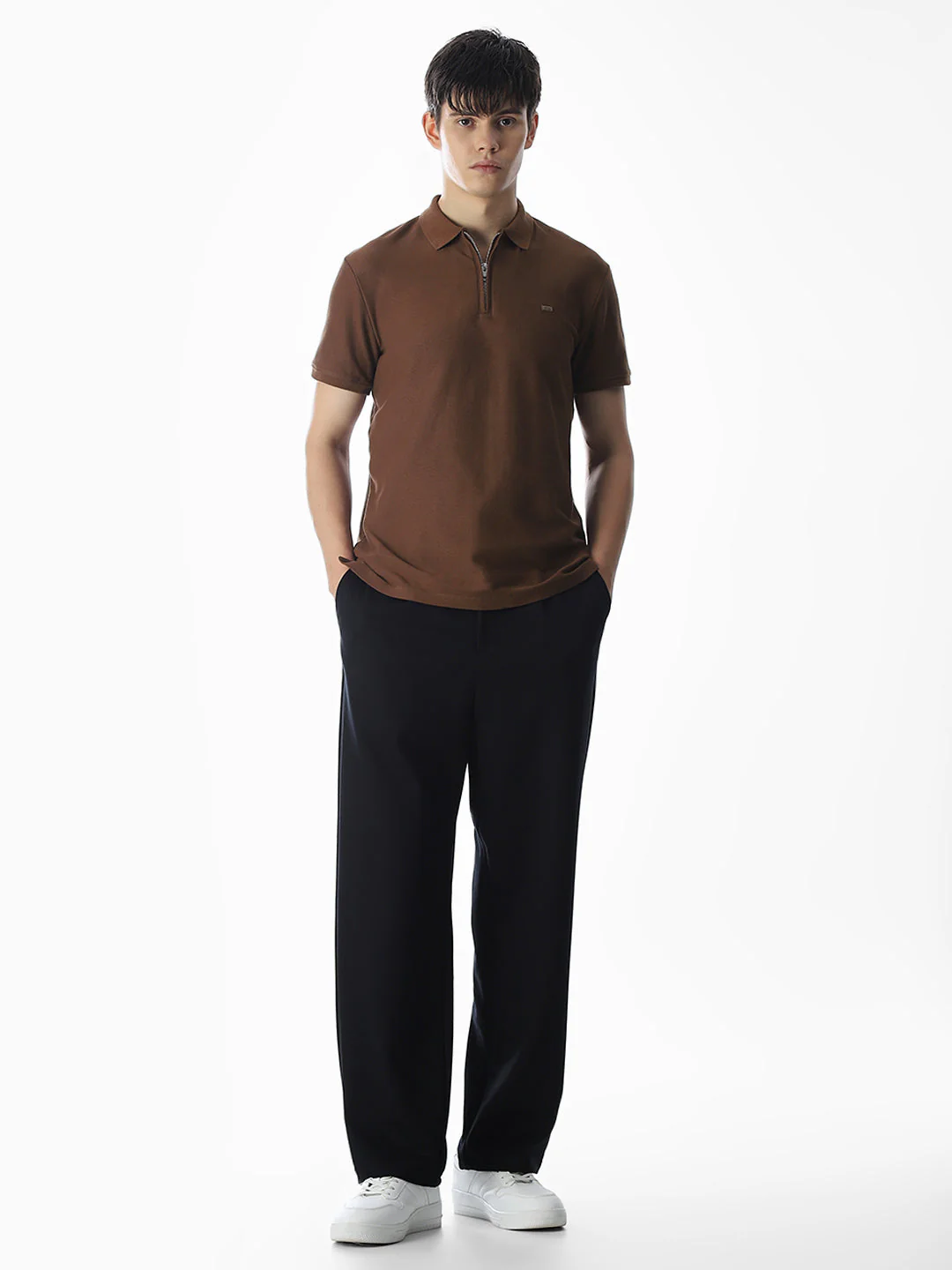 Zipper Detail Cotton Polo - Dark Brown - Image 6