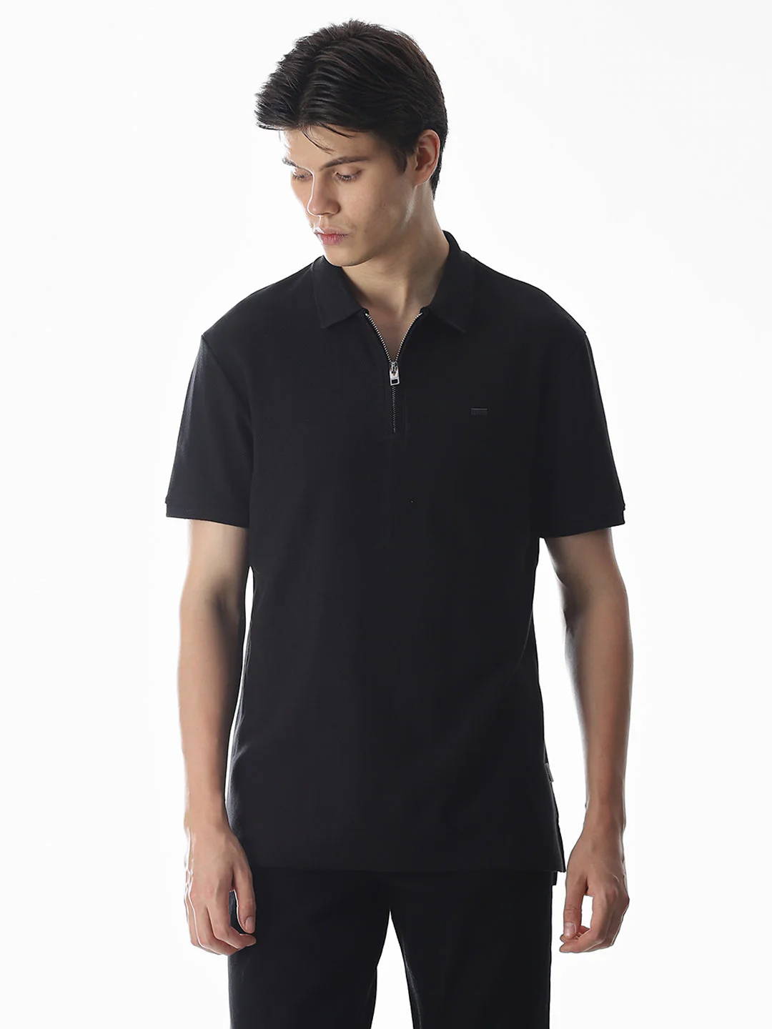 Zipper Detail Cotton Polo - Black - Image 2