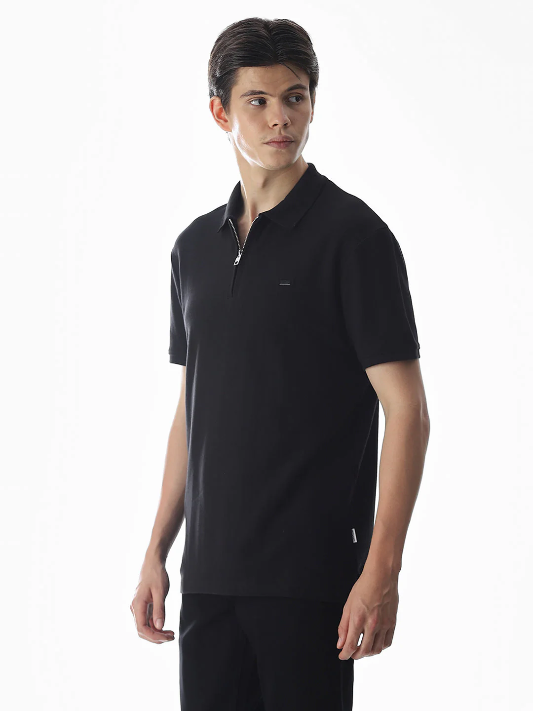 Zipper Detail Cotton Polo - Black - Image 3