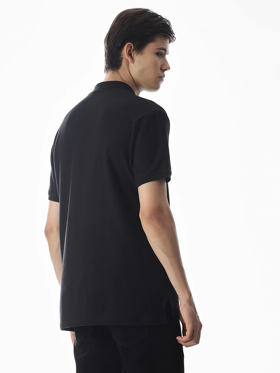 Zipper Detail Cotton Polo - Black - Image 4