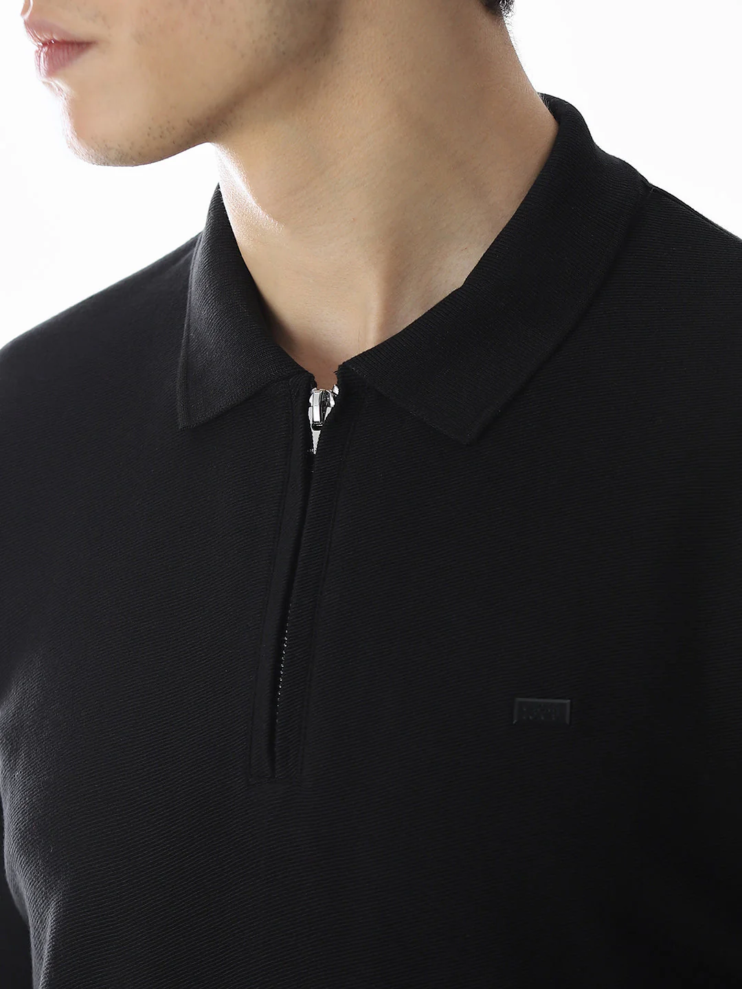 Zipper Detail Cotton Polo - Black - Image 5