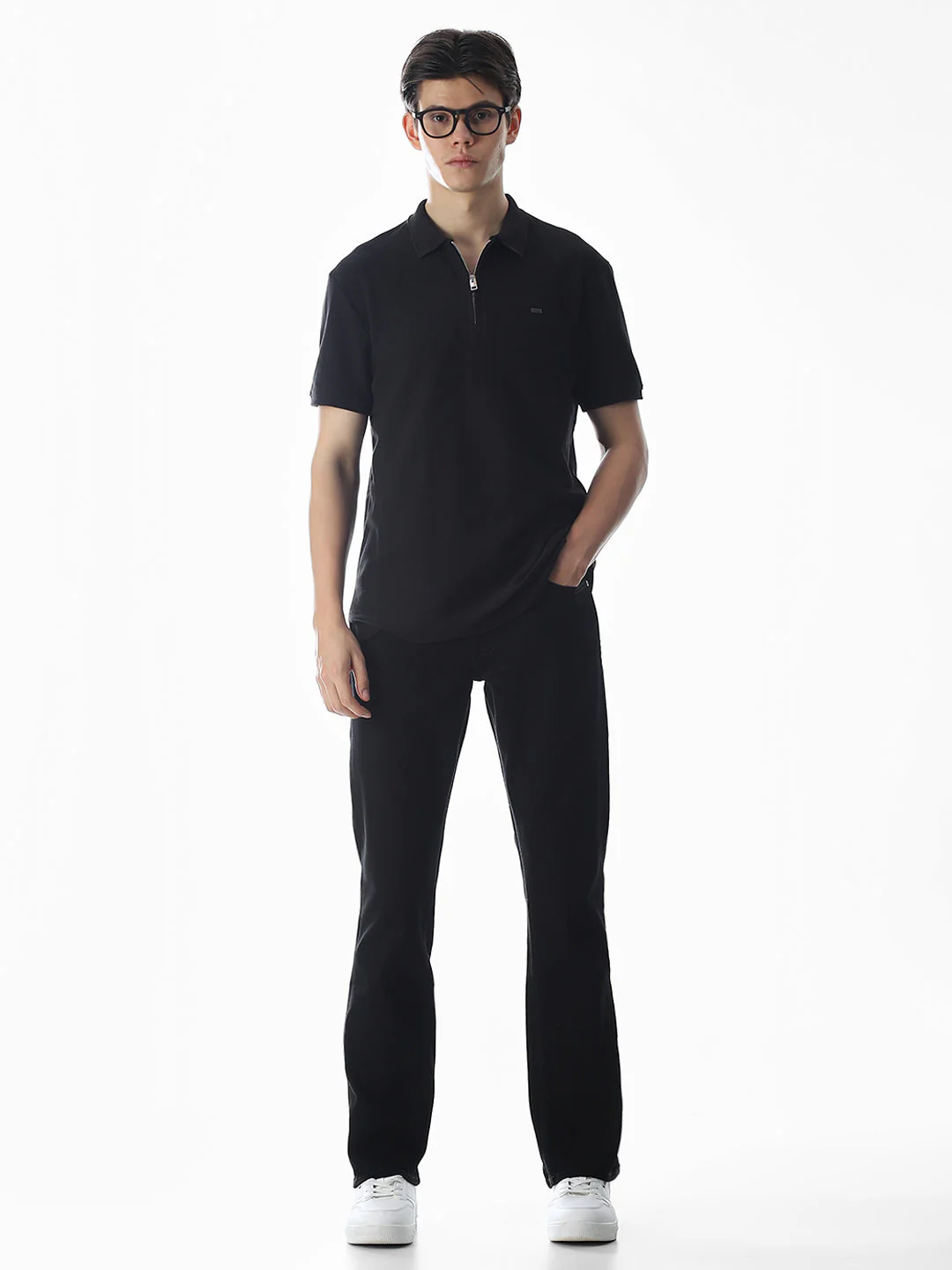 Zipper Detail Cotton Polo - Black - Image 6