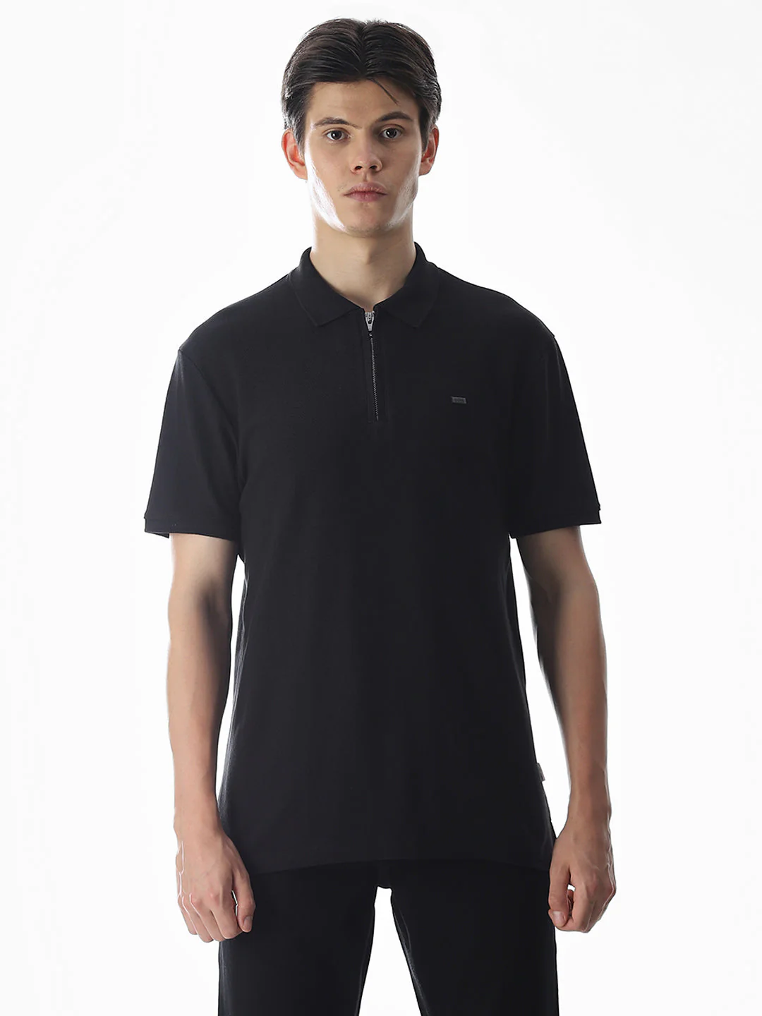 Zipper Detail Cotton Polo - Black - Image 8