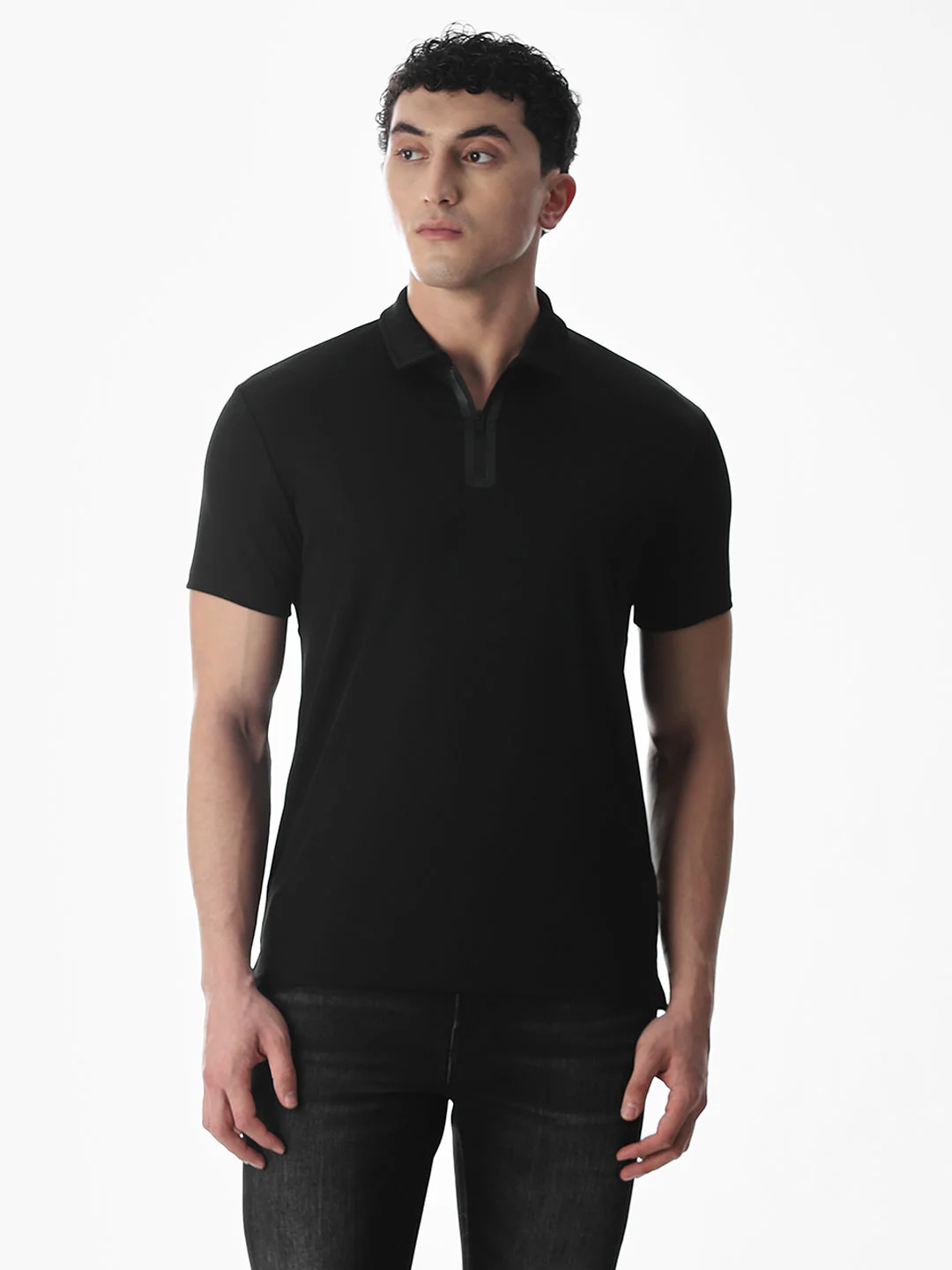 Zipper Detail Polo - Black - Image 2