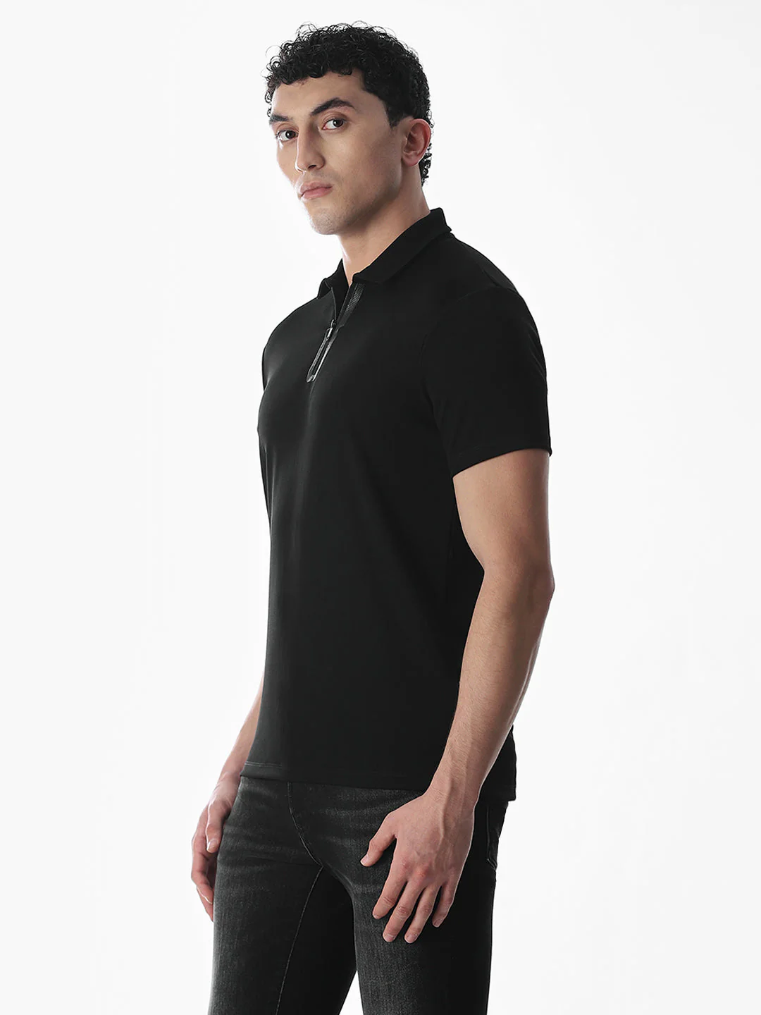Zipper Detail Polo - Black - Image 3