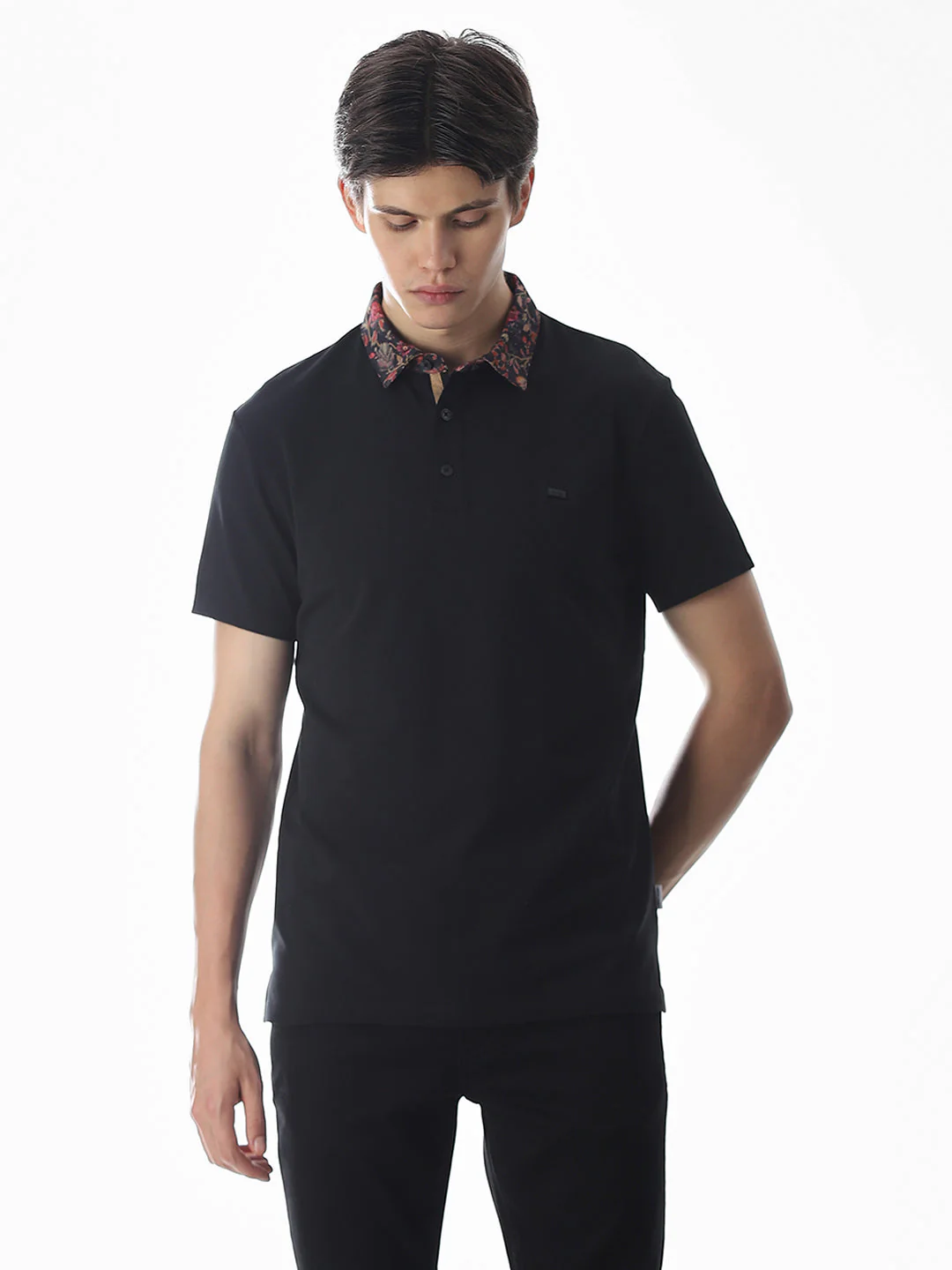 Printed Collar Regular Fit Polo - Black - Image 2