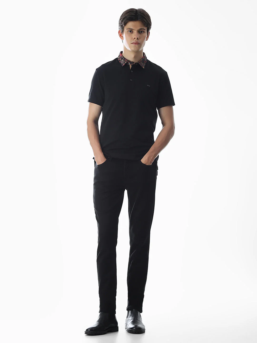 Printed Collar Regular Fit Polo - Black - Image 6