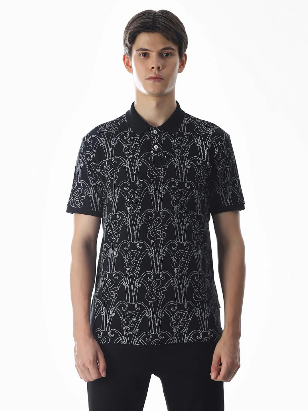 Printed Cotton Polo - Black - Image 8