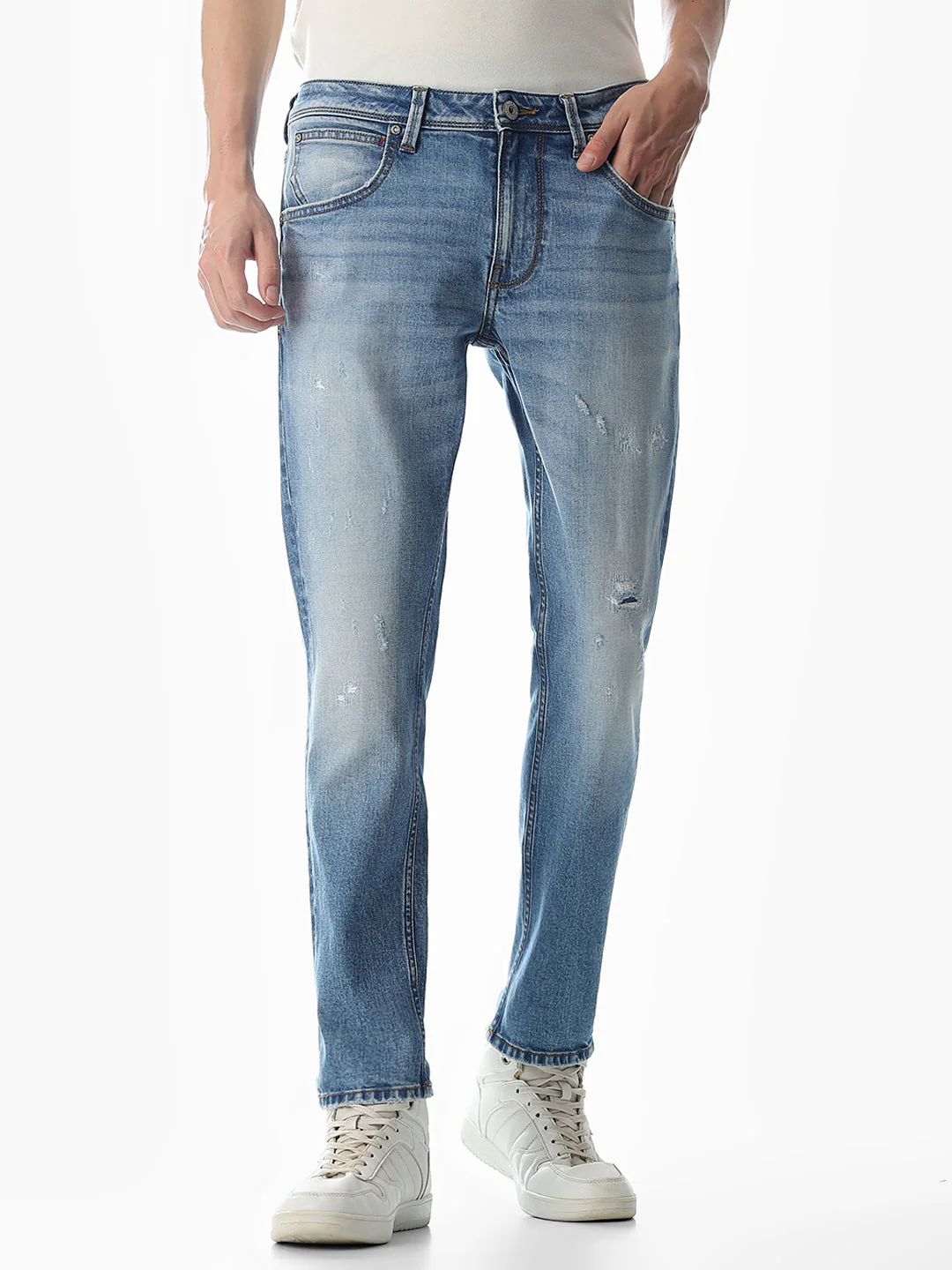 Mildly Distressed Cropped Brak Slim Jeans