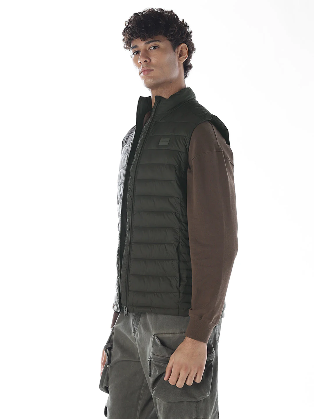 Sleeveless High Neck Puffer Vest - Green - Image 3