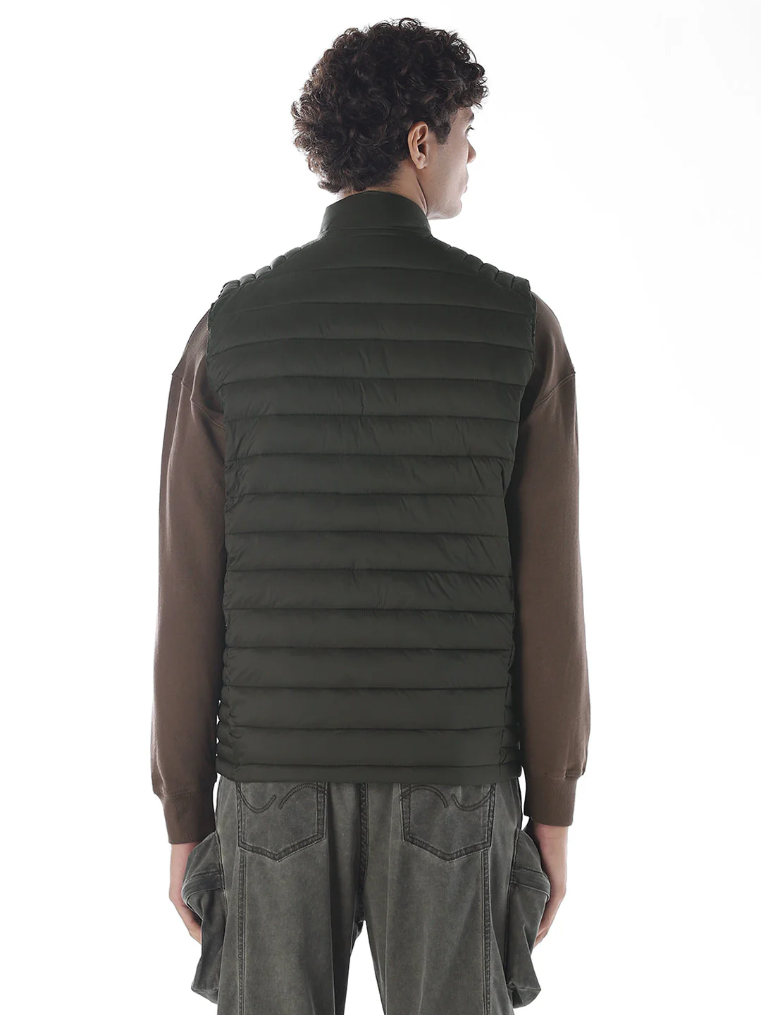 Sleeveless High Neck Puffer Vest - Green - Image 4