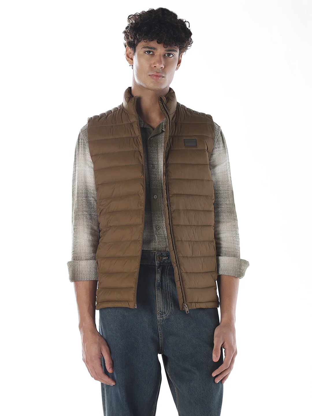 Sleeveless High Neck Puffer Vest - Brown - Image 2