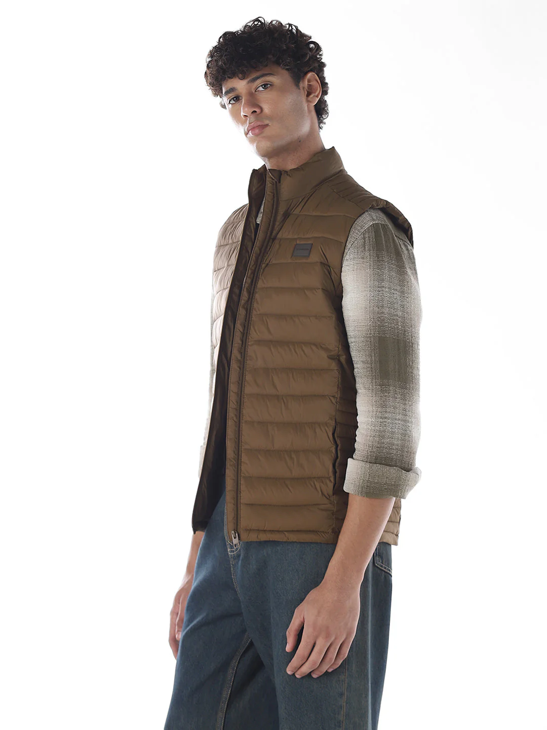 Sleeveless High Neck Puffer Vest - Brown - Image 3
