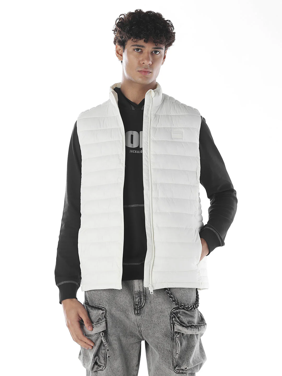 Sleeveless High Neck Puffer Vest - White - Image 2
