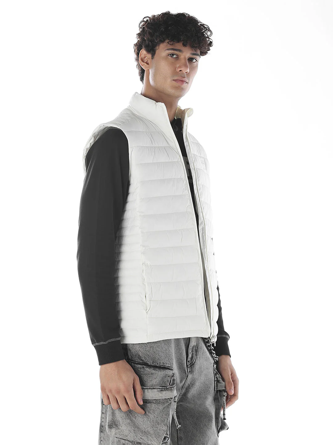 Sleeveless High Neck Puffer Vest - White - Image 3