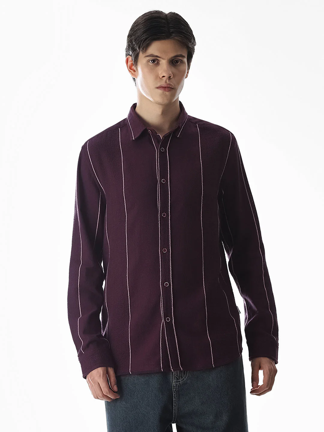 Striped Cotton Full Sleeves Shirt - Purple - Image 2