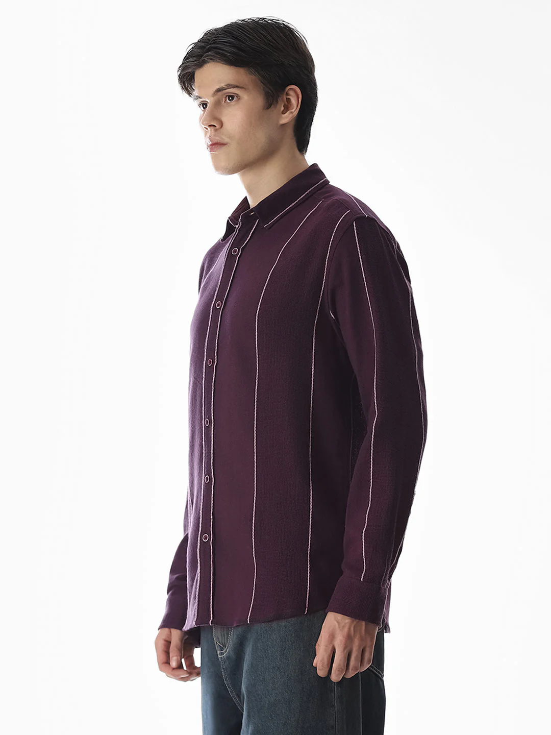 Striped Cotton Full Sleeves Shirt - Purple - Image 3