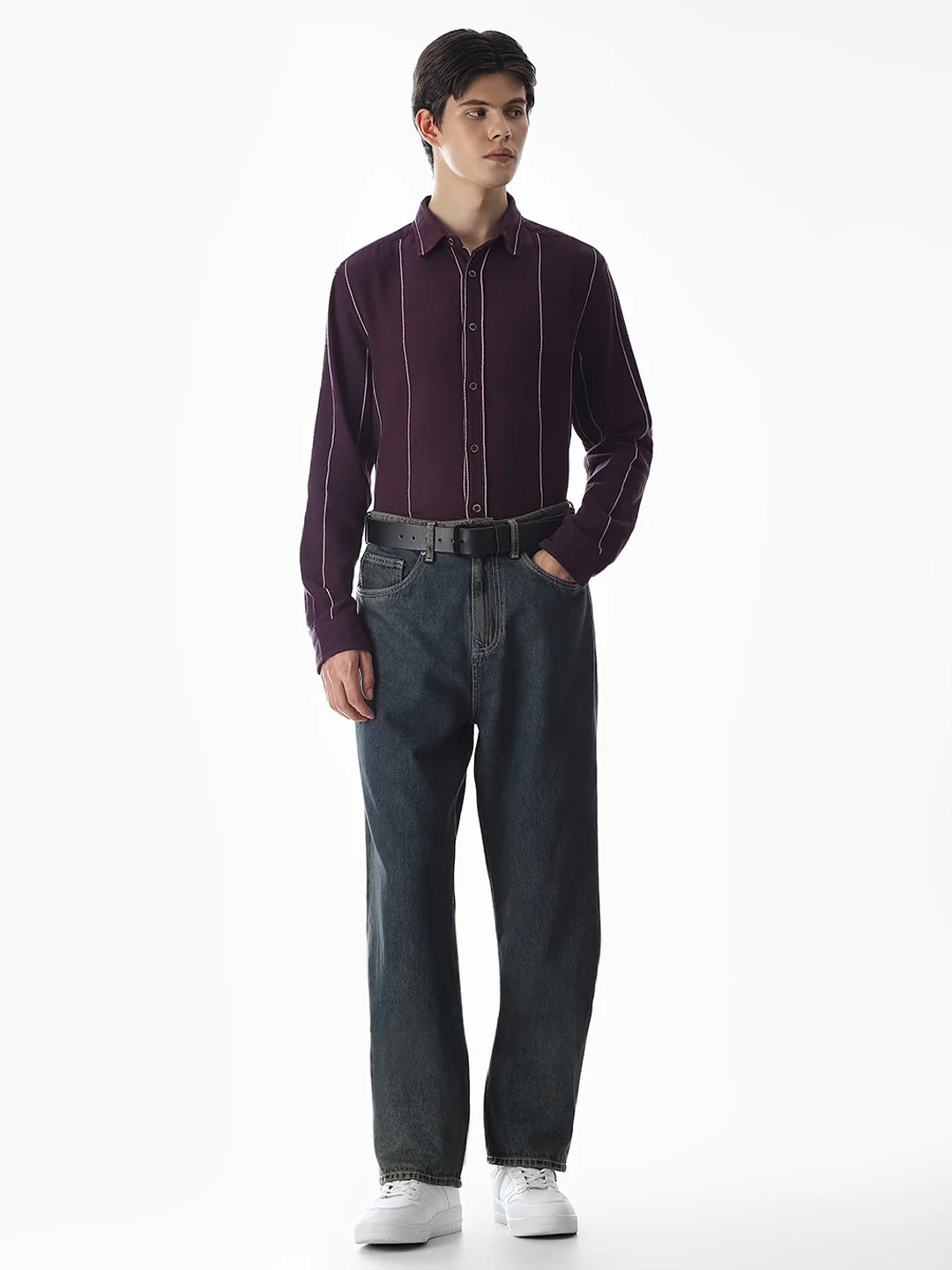 Striped Cotton Full Sleeves Shirt - Purple - Image 6