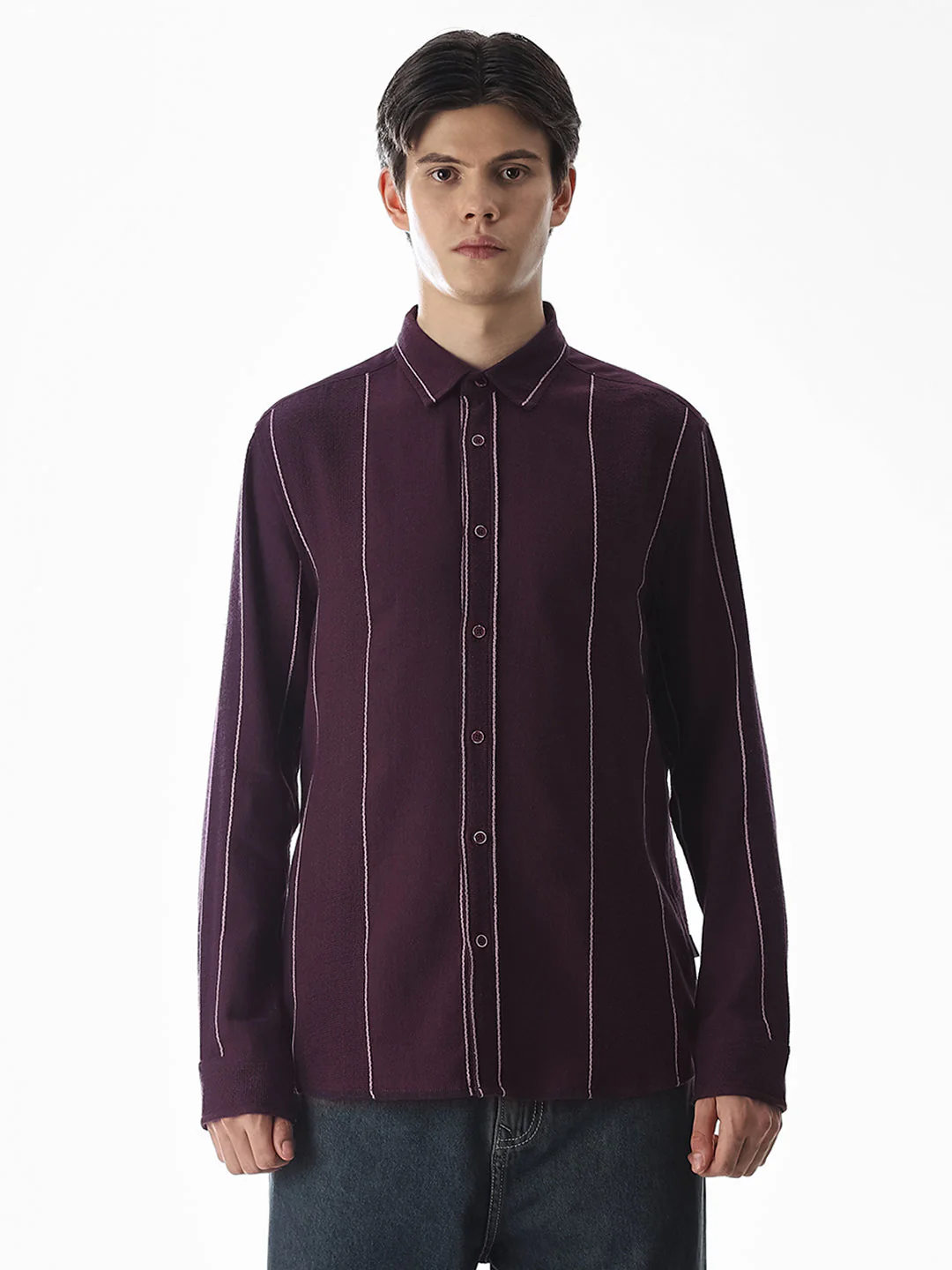 Striped Cotton Full Sleeves Shirt - Purple - Image 8