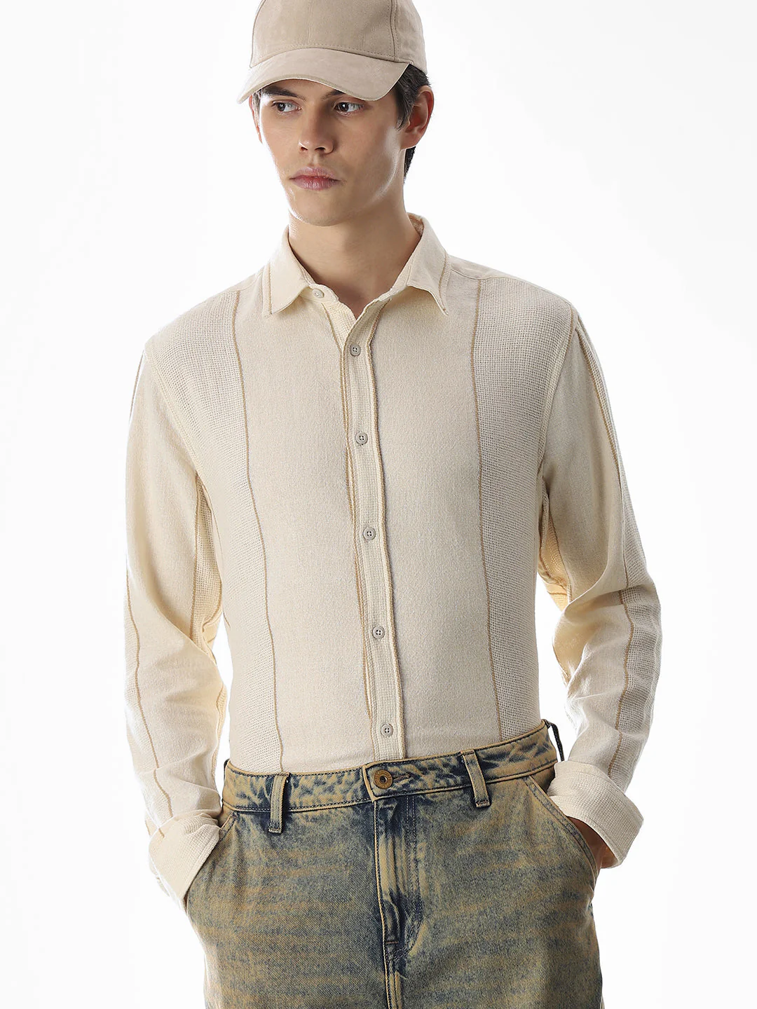 Striped Cotton Full Sleeves Shirt - Beige