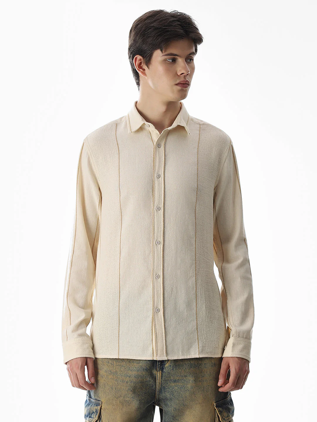 Striped Cotton Full Sleeves Shirt - Beige - Image 2