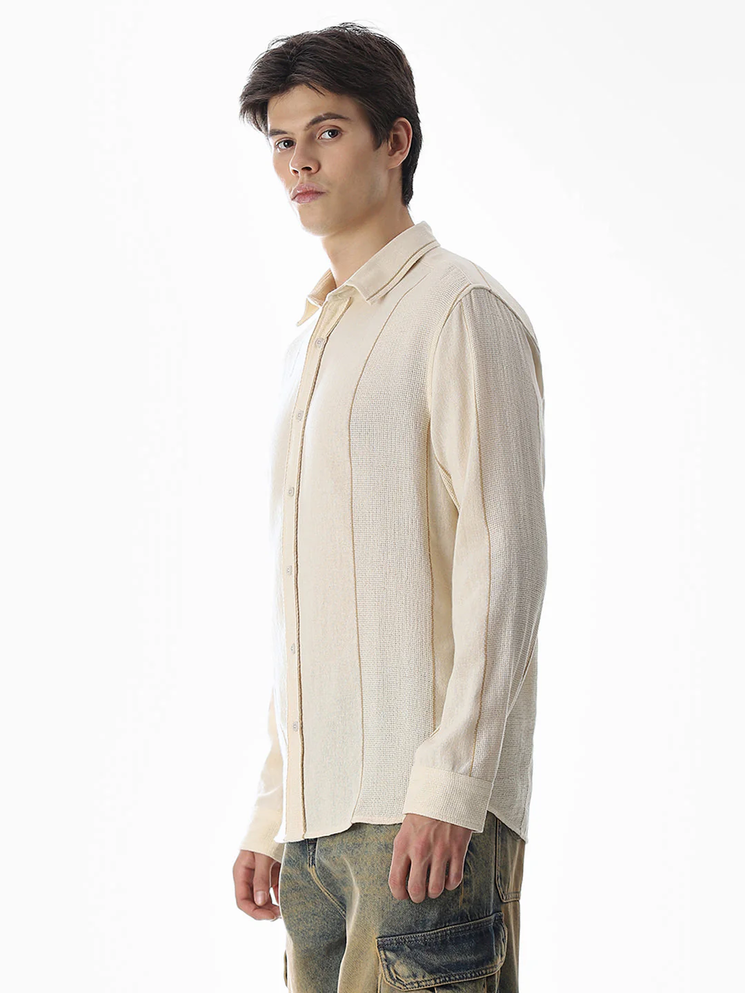 Striped Cotton Full Sleeves Shirt - Beige - Image 3