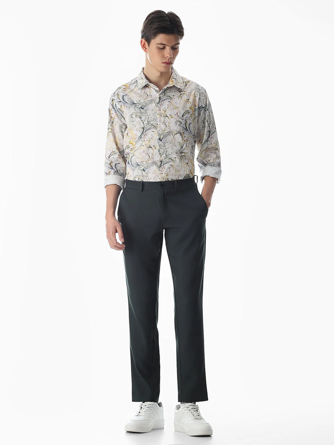 White Dobby Abstract Print Shirt - Image 6
