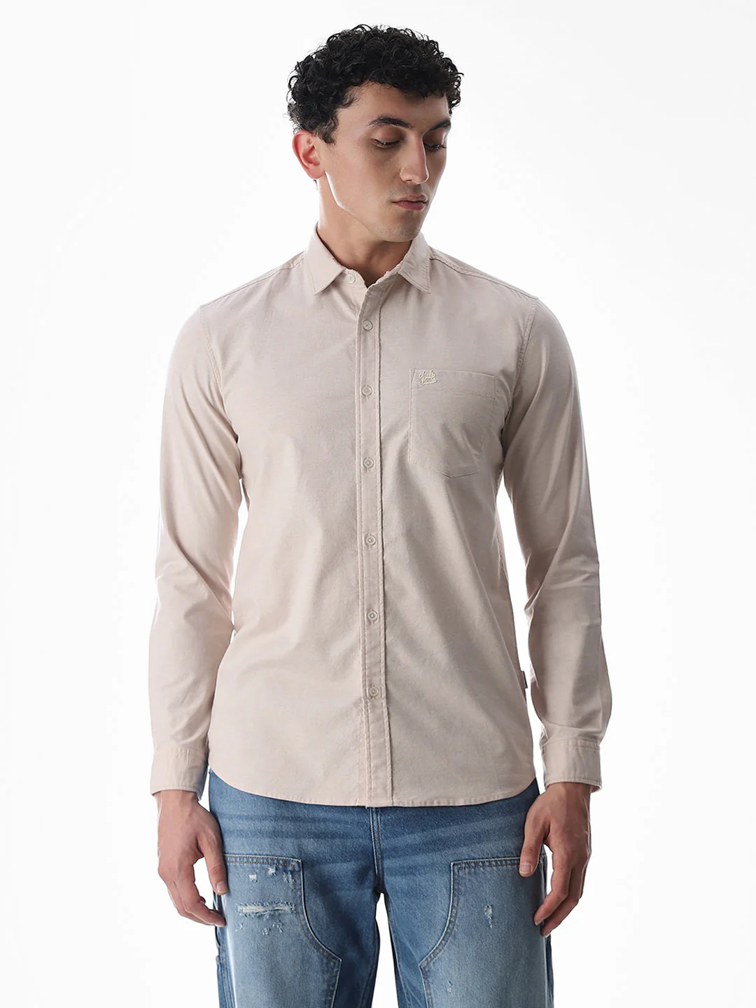 One Patch Pocket Slim Fit Shirt - Beige - Image 2