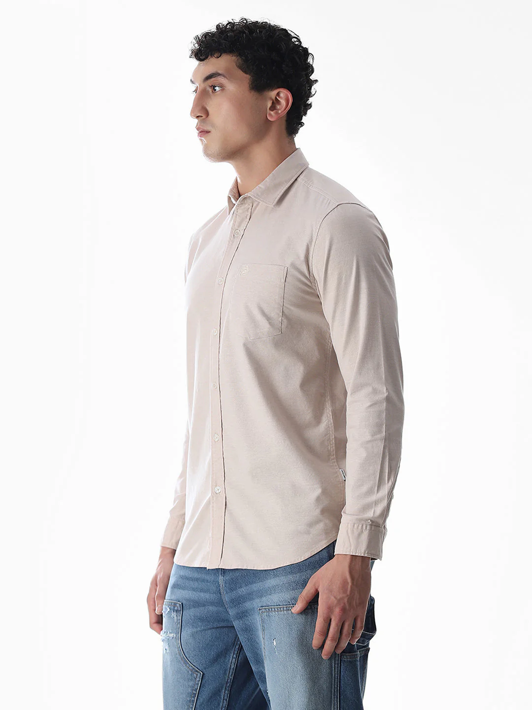 One Patch Pocket Slim Fit Shirt - Beige - Image 3