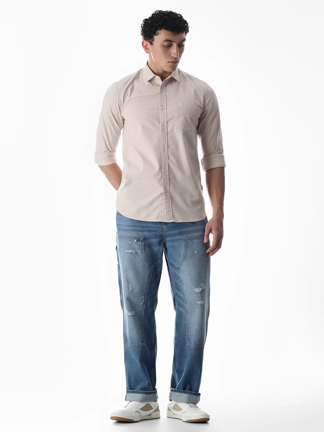 One Patch Pocket Slim Fit Shirt - Beige - Image 6