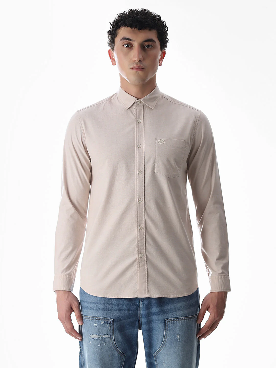 One Patch Pocket Slim Fit Shirt - Beige - Image 8
