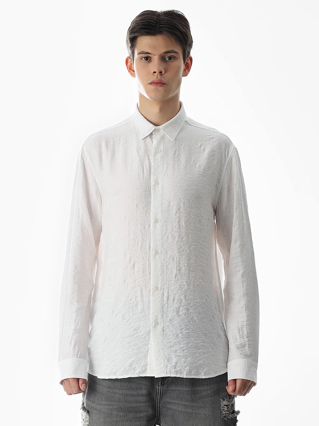 White Jacquard Slim Fit Shirt - Image 8