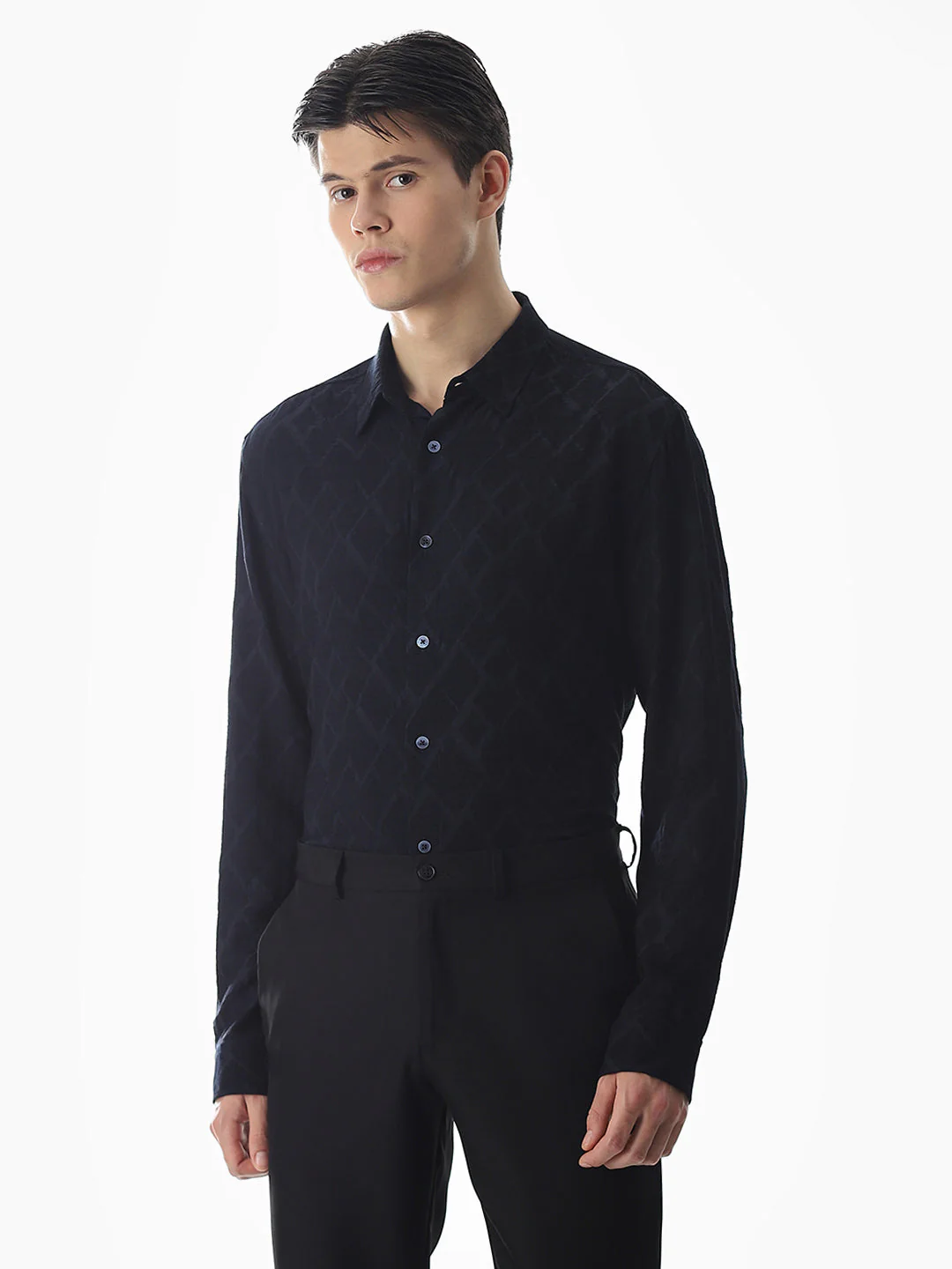 Navy Blue Jacquard Slim Fit Shirt - Image 2